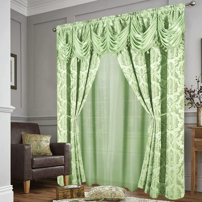 Window Curtains: Mint Green Sheer Underlay Damask Set
