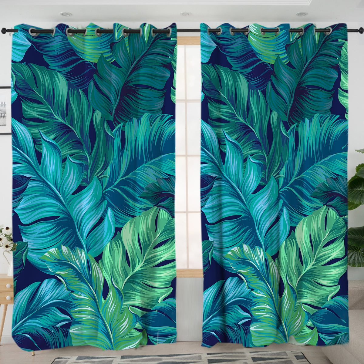 Window Curtains Navy Background Large Scale Palm Window Treatments