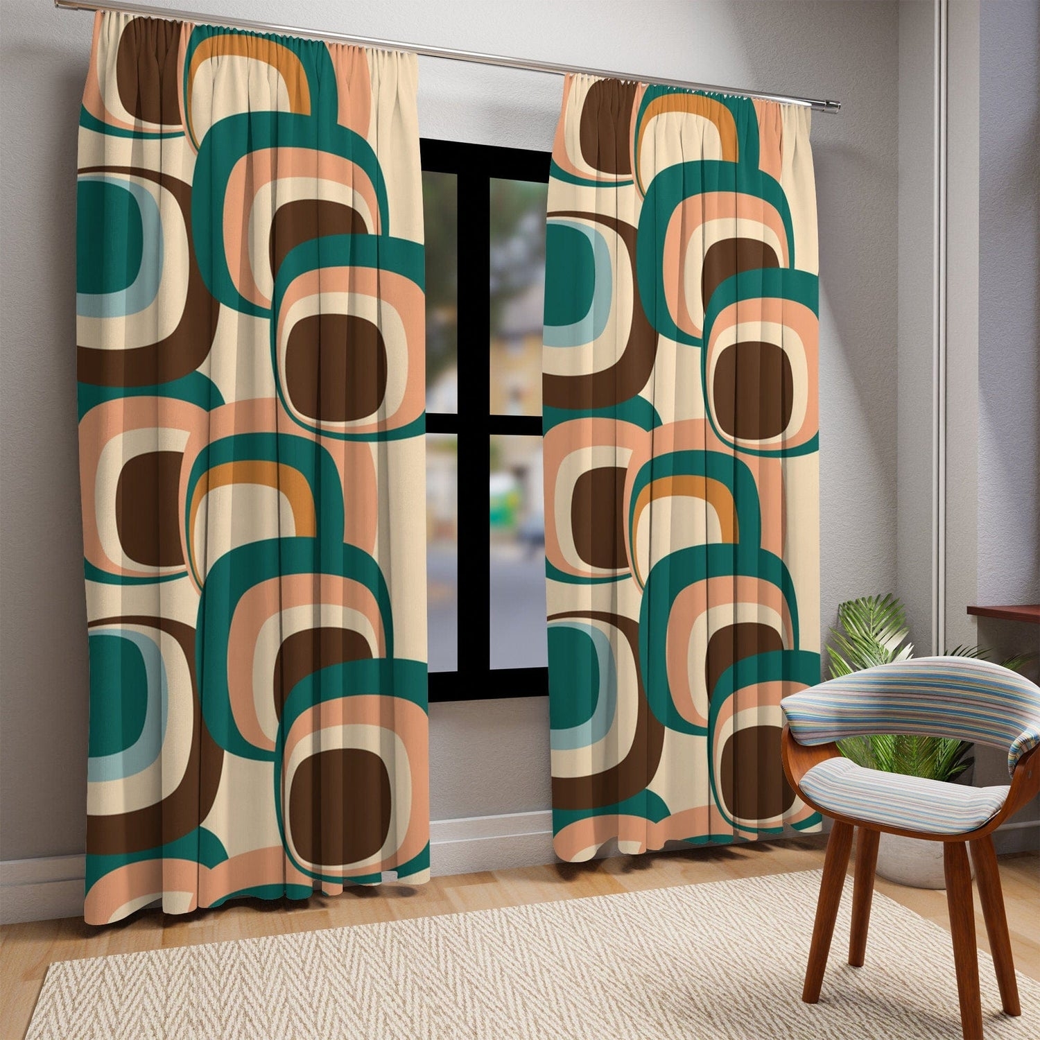 Window Curtains: Overlapping Shapes Teal and Peach Drapes