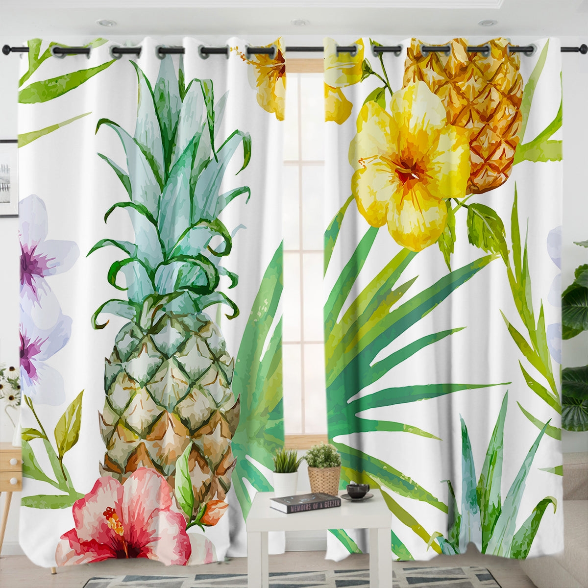 Window Curtains Oversized Pineapple Watercolor Hibiscus Drapes