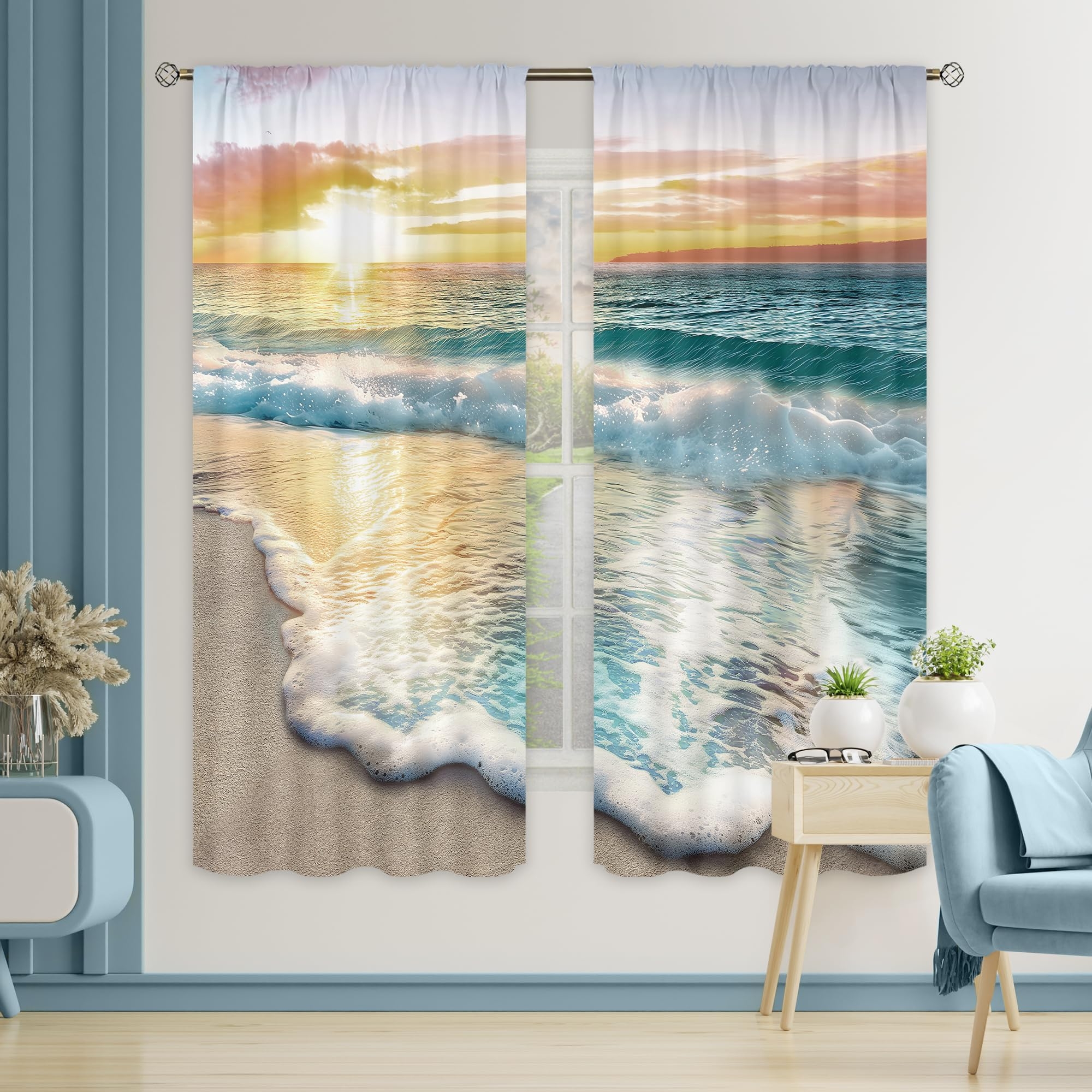 Window Curtains Photorealistic Print Photorealistic Sea Window Decor