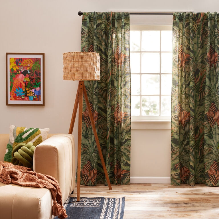 Window Curtains Sleeve Top Header Green Leafy Window Drapes