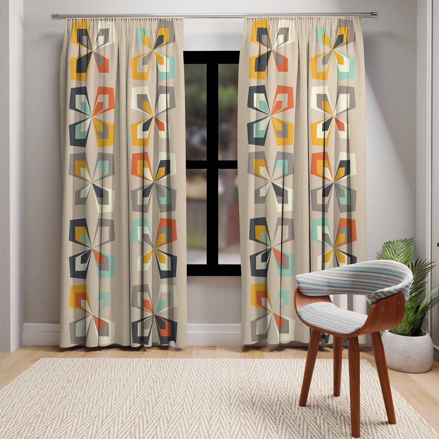 Window Curtains: Teal Orange Palette Retro Floral Decor
