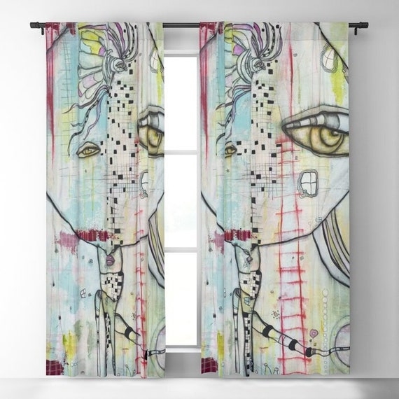 Window Curtains using Large Eye Motif Surrealist Graphic