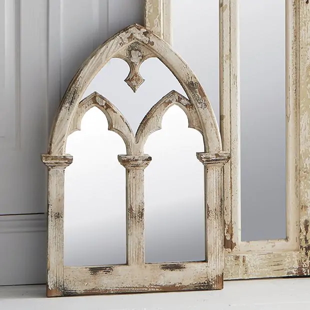 Window Mirror: Gothic Trefoil Detail Distressed Arch Frame