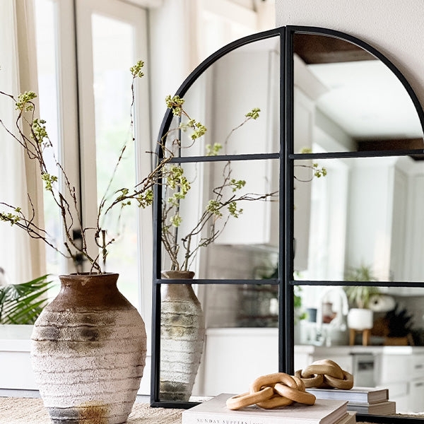 Window Mirror: Split Panel Matte Black Industrial Arched Frame