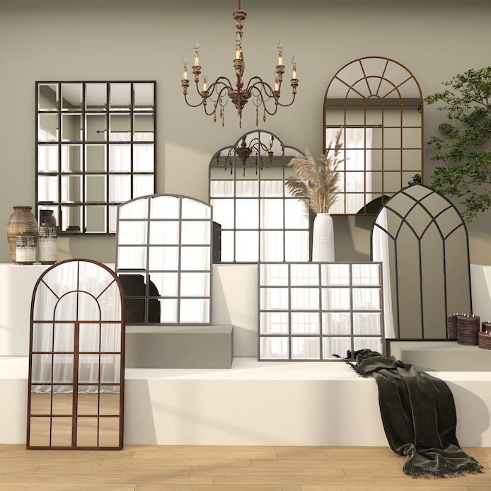 Window Pane Mirror: Antique Bronze Grid Style Metal Decor