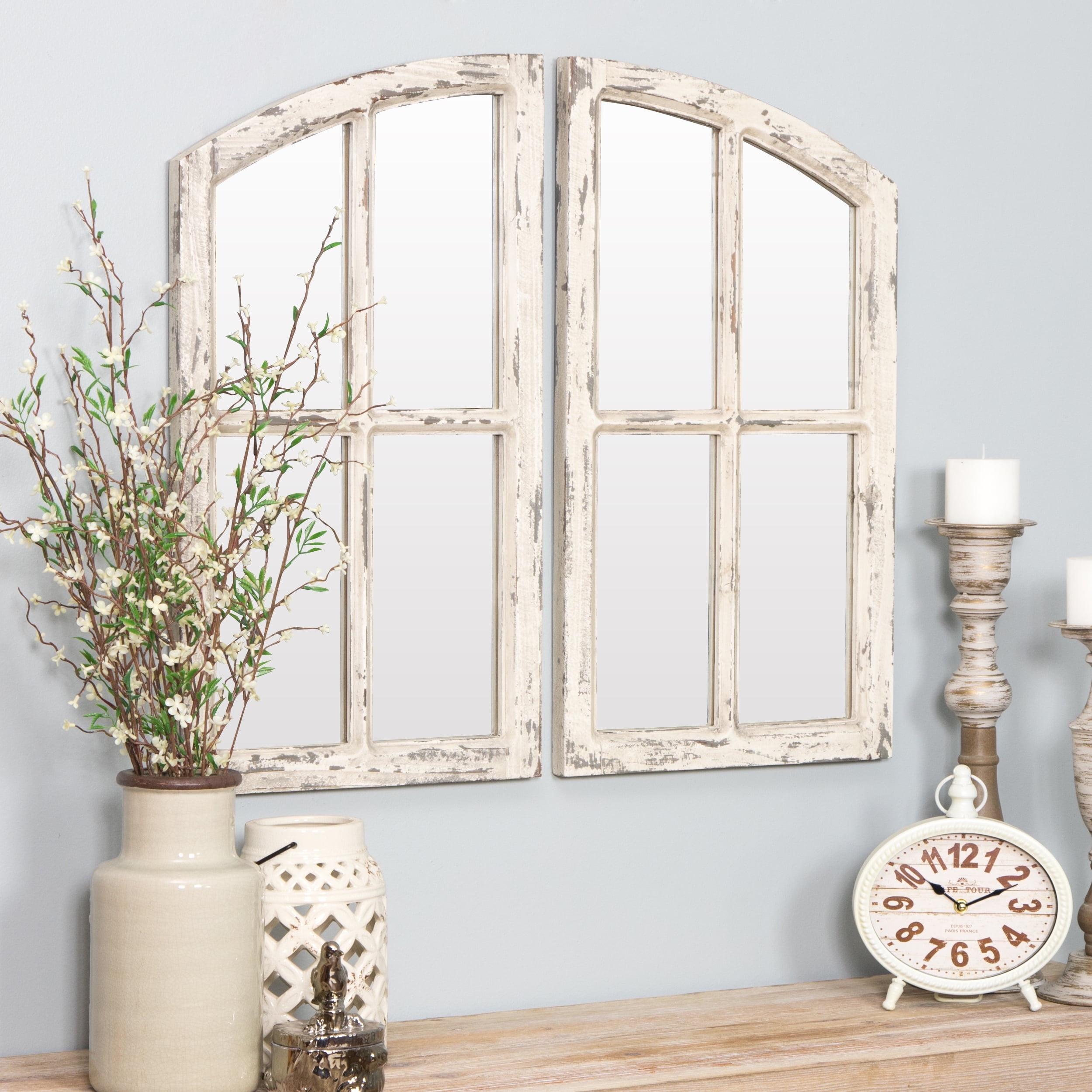 Window Pane Mirror: Set of Two Distressed Off-White Accents