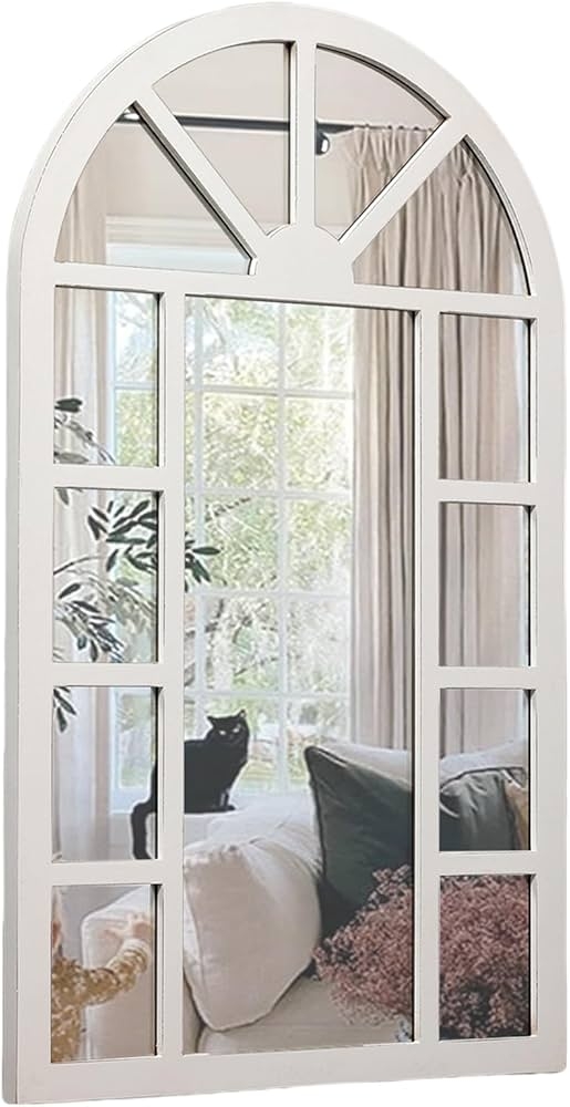 Window Pane Mirror: Sunburst Arch Detail Distressed White Frame