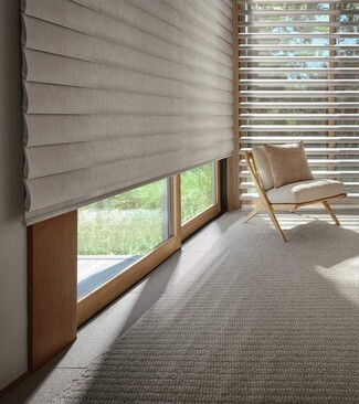 Window Treatments with Tiered Fabric Folds and Tiered Roman Shades