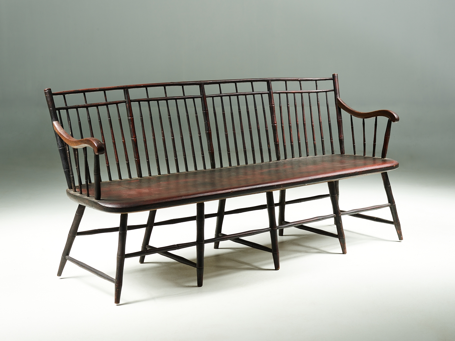 Windsor Bench Bamboo Turned Leg Antique Red Brown Seating