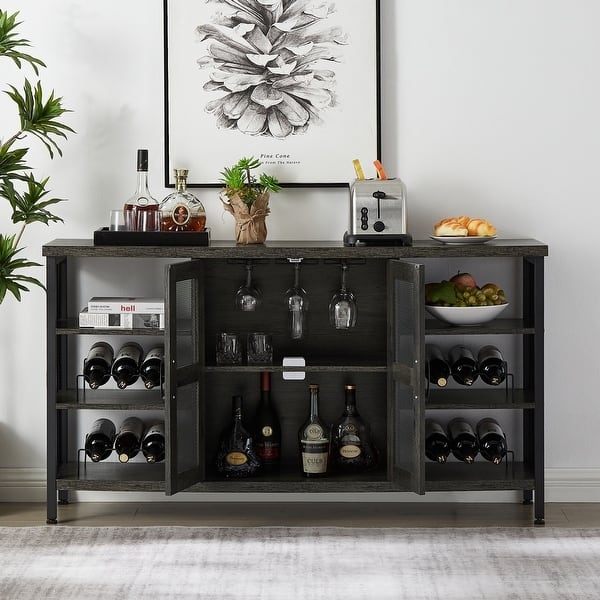 Wine Bar Cabinet with Mesh Wire Doors and Charcoal Finish