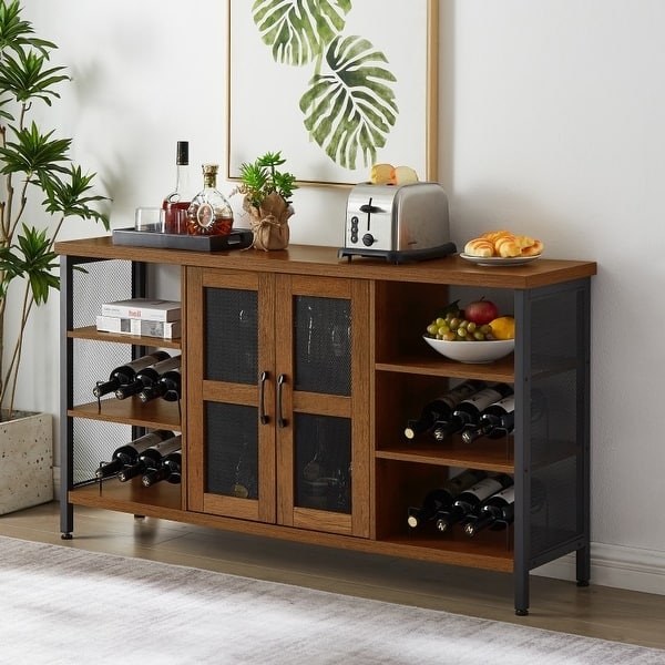 Wine Bar Cabinet with Metal Frame and Mesh Doors