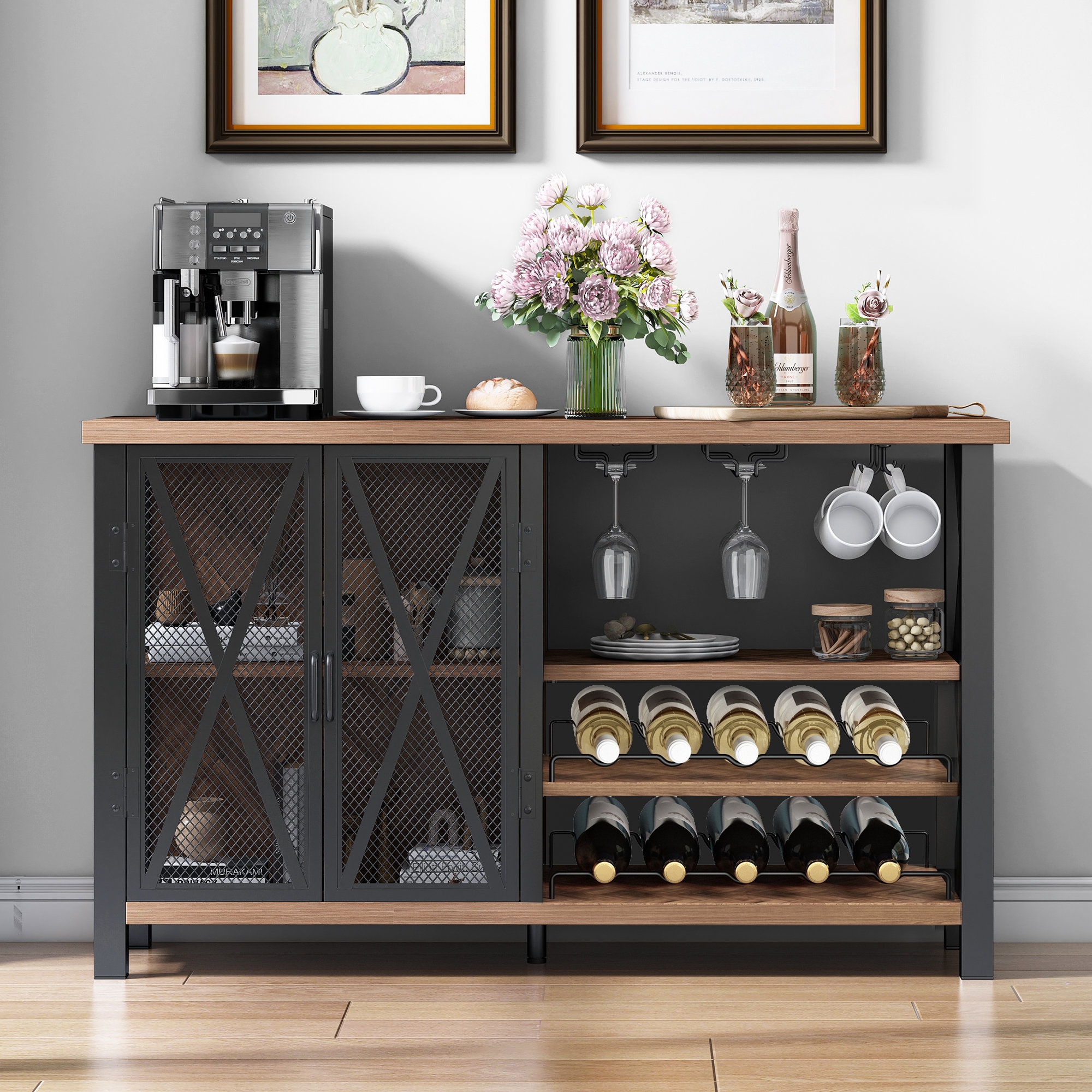 Wine Console with Mug Hooks and Industrial Metal Mesh