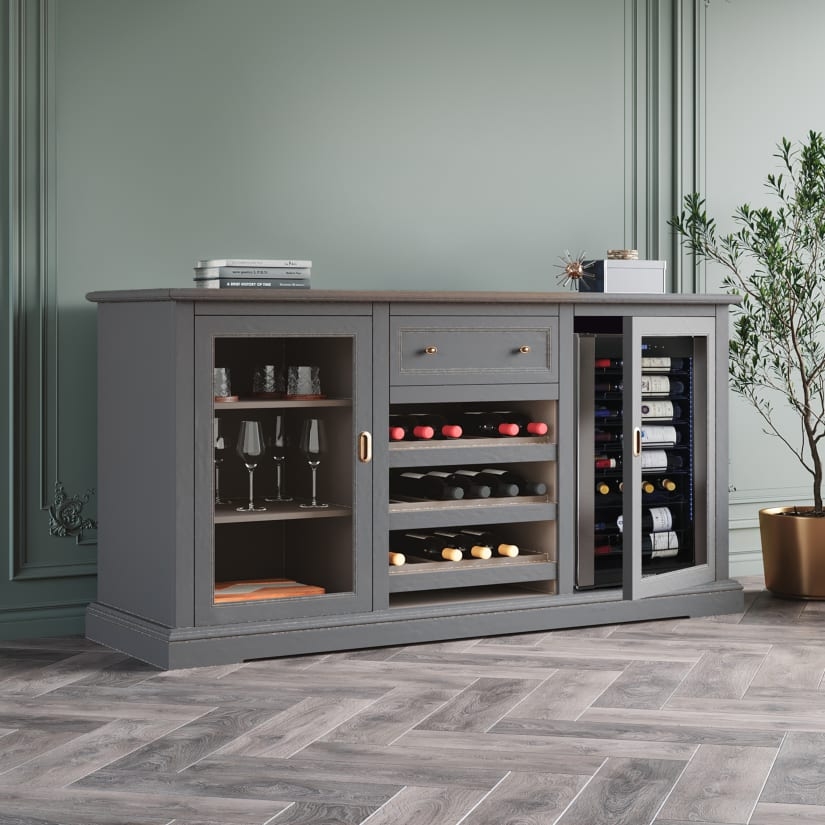 Wine Credenza: Antique Gray Bar with Glass Front Cabinet Doors