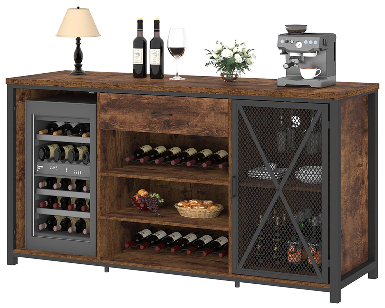 Wine Credenza: Industrial Bar Cabinet with Wire Mesh Doors