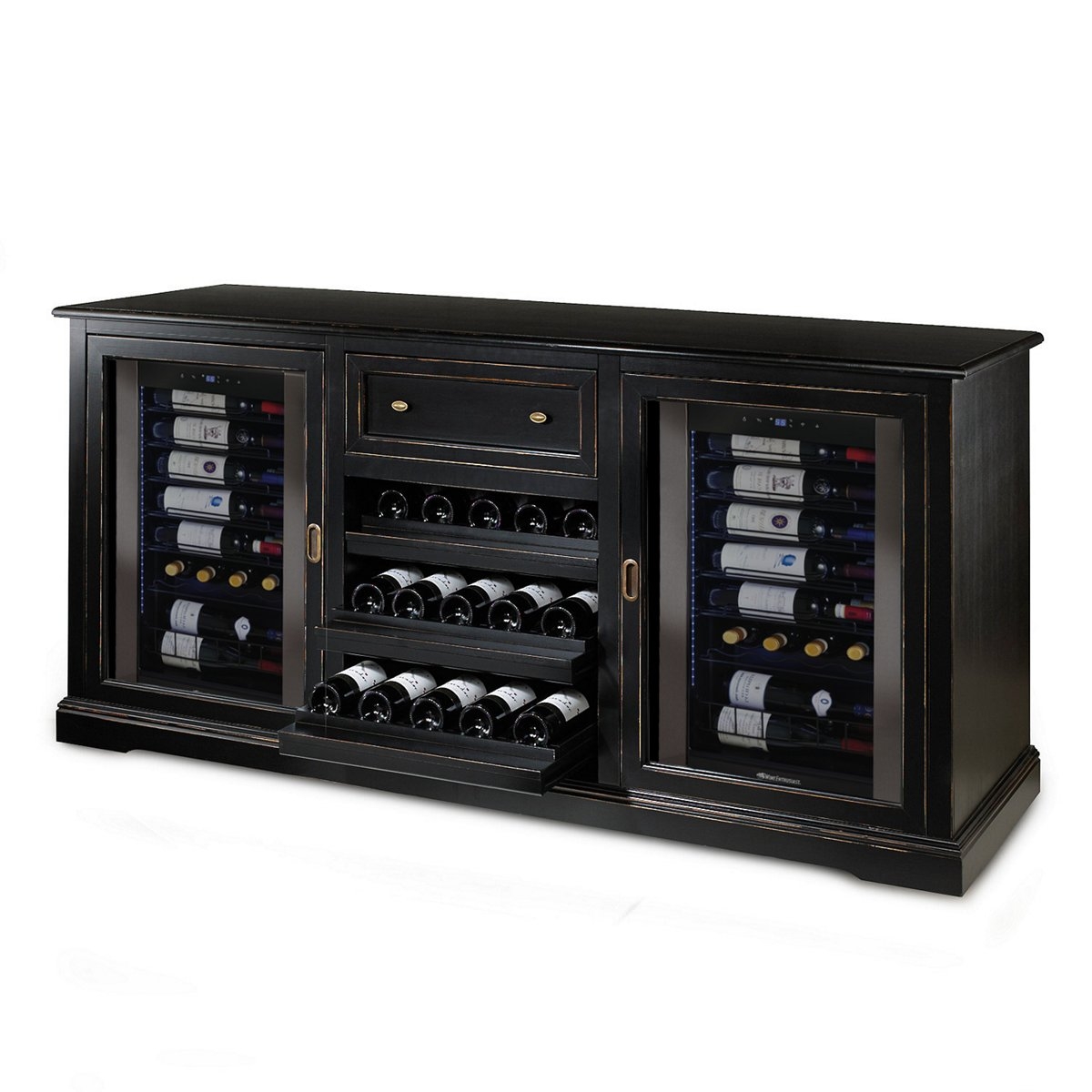 Wine Credenza: Nero Black Distressed Finish with Pull Out Shelf