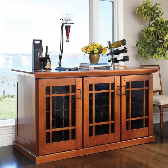Wine Credenza: Three Door Cherry Bar with Grid Pattern Overlays