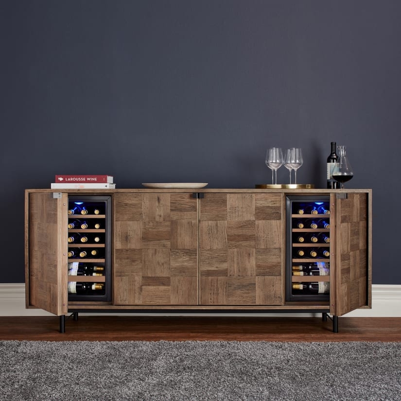 Wine Credenza with Blue Interior Lighting and Parquet