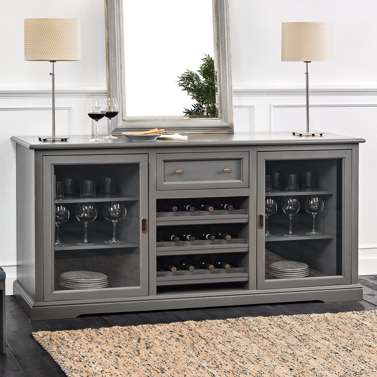 Wine Credenza with Distressed Gray Finish and Bottle Rack