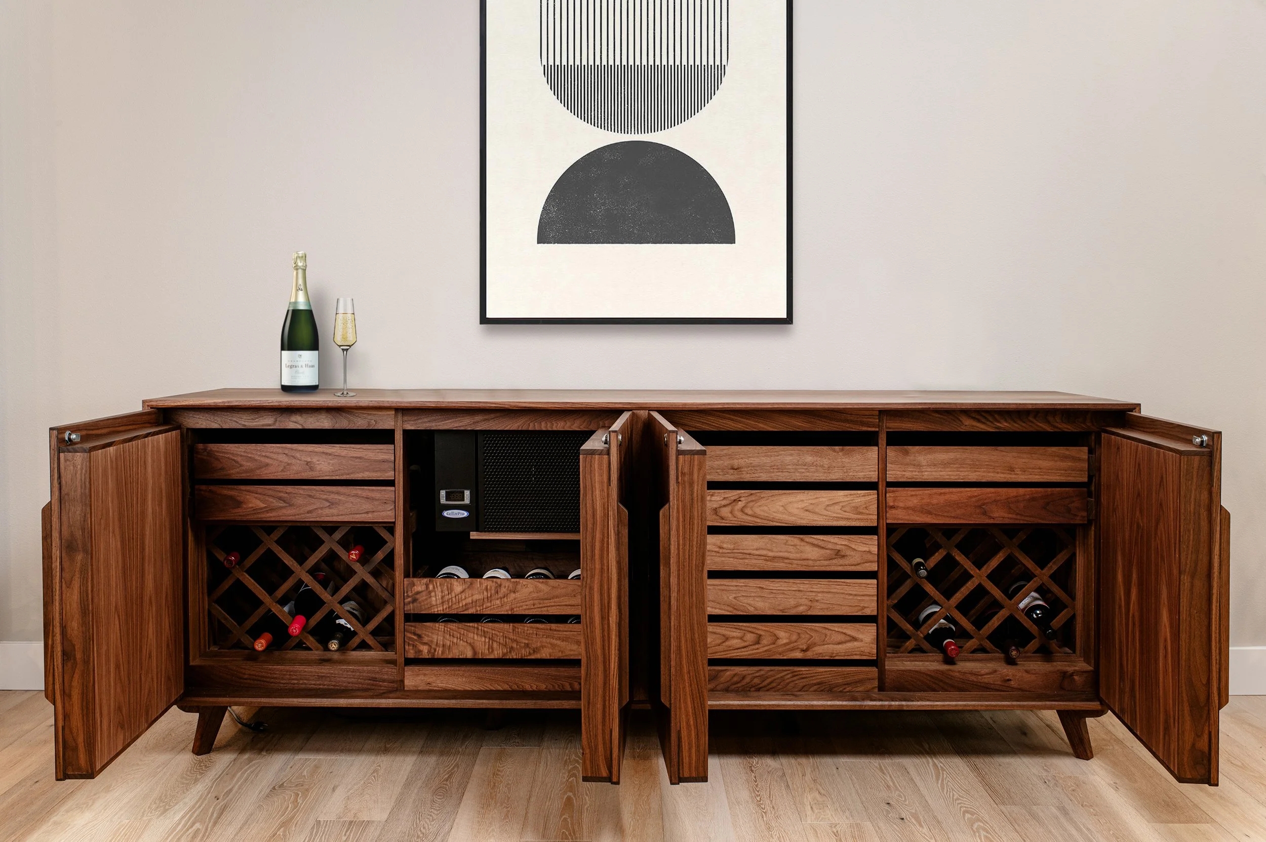 Wine Credenza with Lattice Racks and Walnut Wood Grain