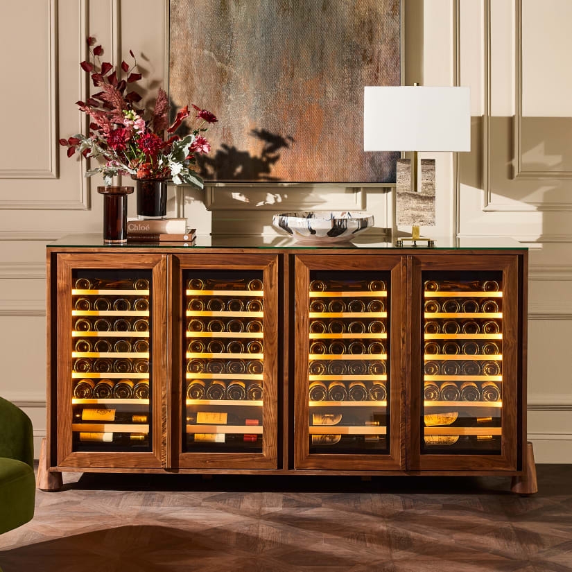 Wine Credenza with LED Lighting and Four Door Glass Front