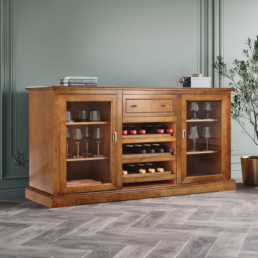 Wine Credenza with Pull Out Racks and Glass Front Doors