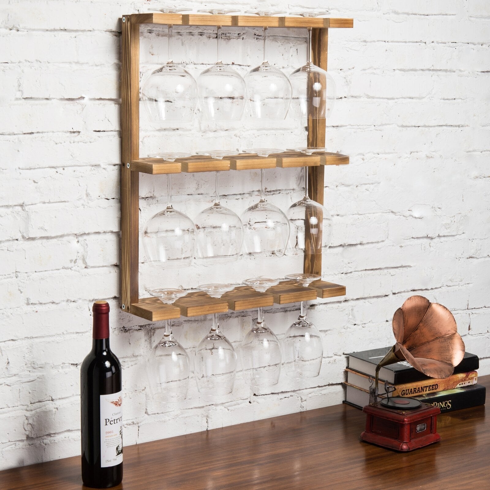 Wine Glass Rack Three Tier Rustic Wooden Bar Storage
