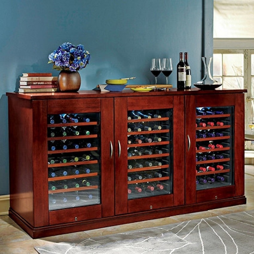 Wine Refrigerator Credenza: Triple Door Cherry Wood Storage