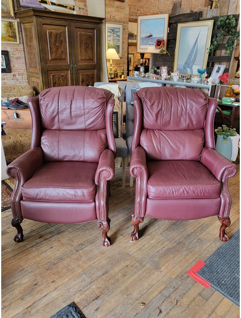 Wingback Recliner: Burgundy Carved Cabriole Legs Furniture