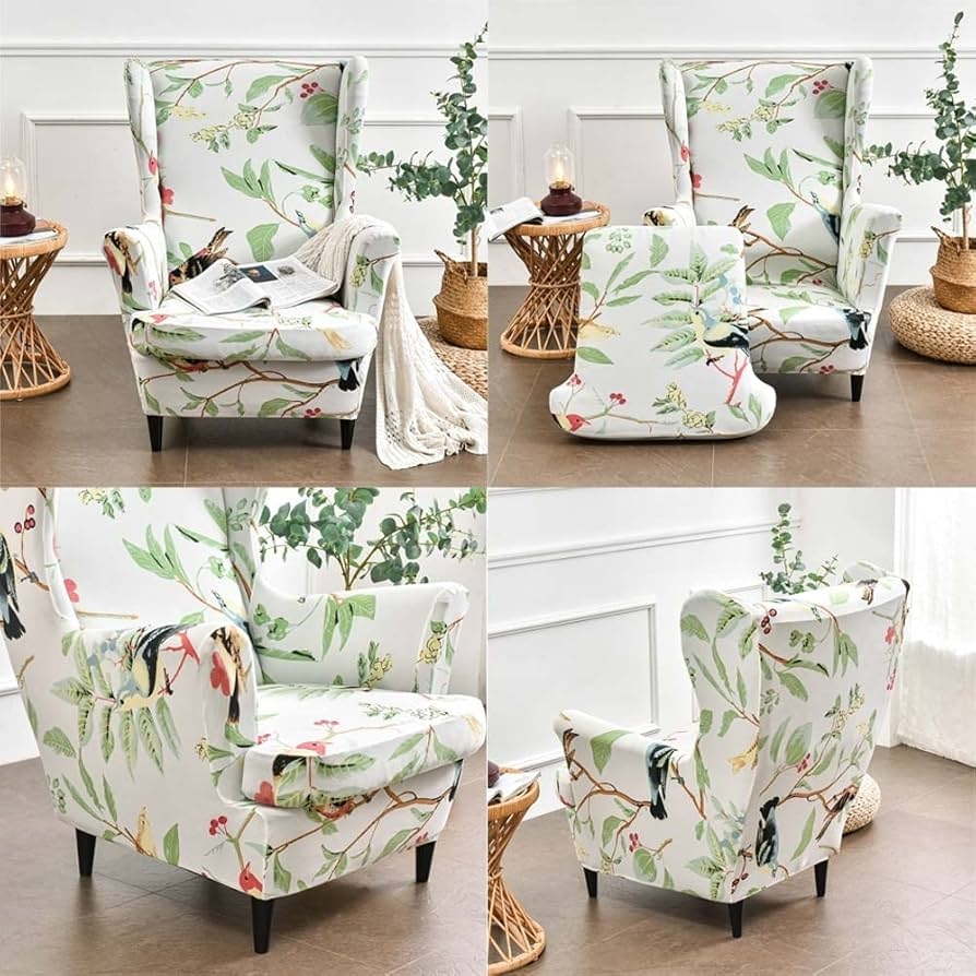 Wingback Slipcover in Botanical Bird Print Two Piece Set