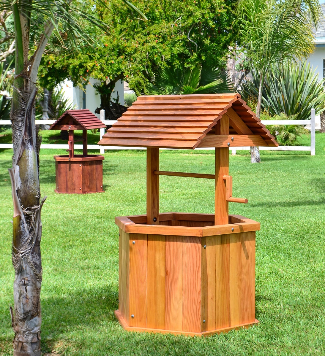 Wishing Well featuring Wood Slats and Hexagonal Gabled Roof Design