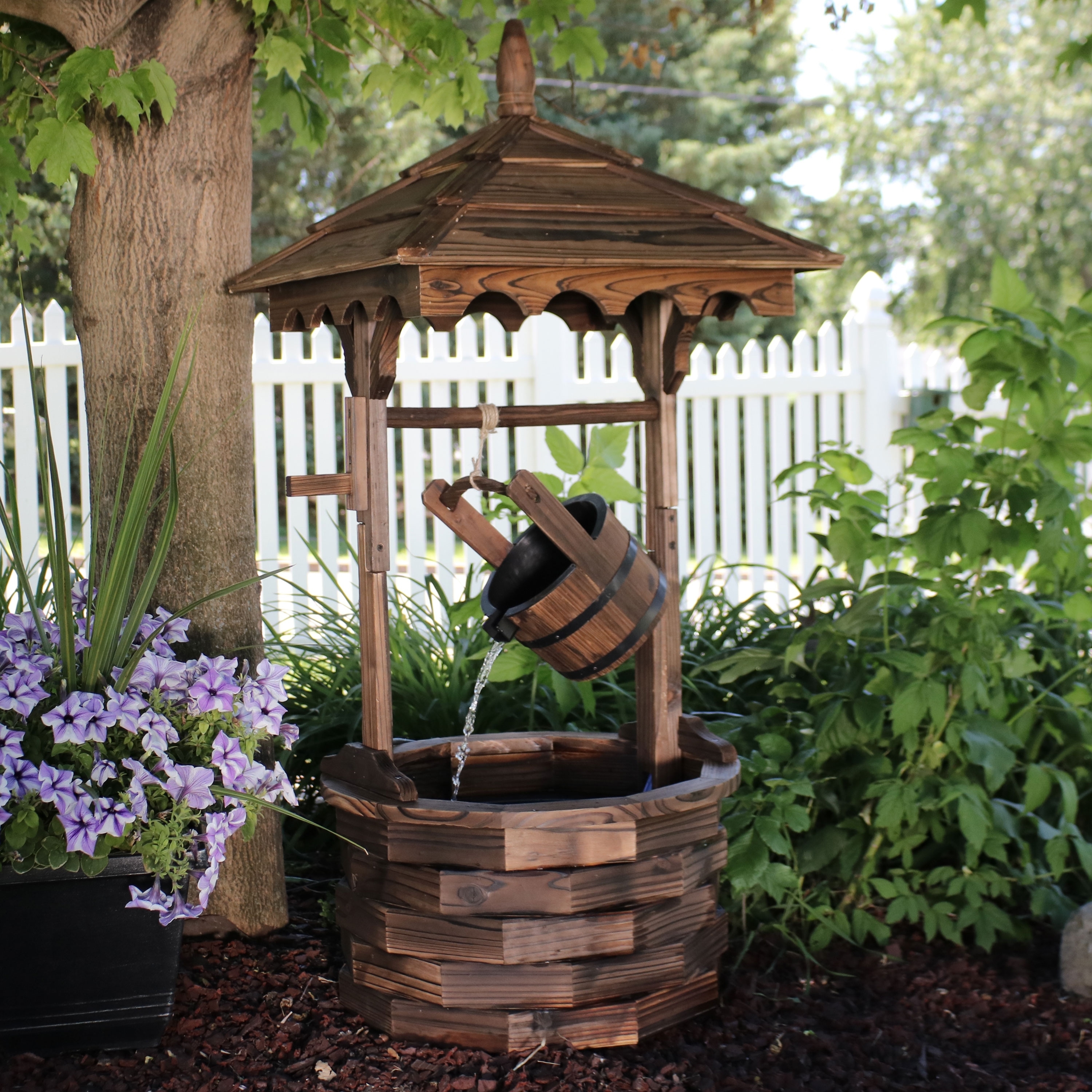 Wishing Well Fountain featuring a Hanging Bucket Pour and Tiered Base