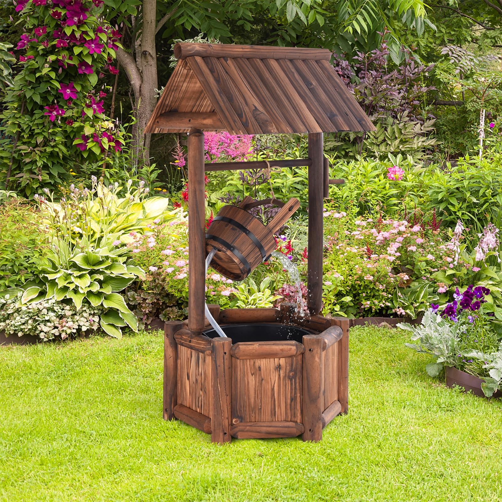Wishing Well Fountain with Hexagonal Basin and Charred Wood Finish