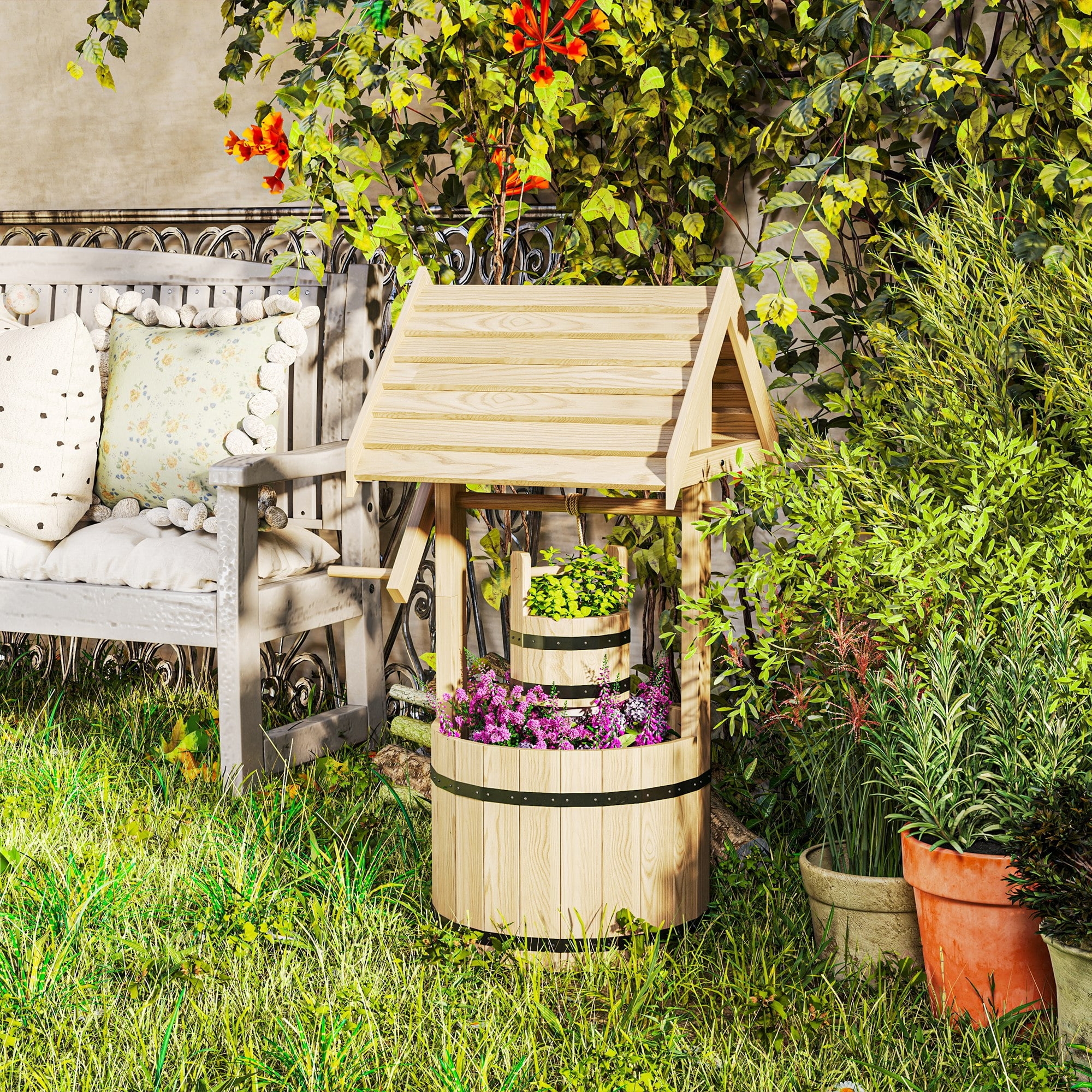 Wishing Well Planter for Outdoor Use with Natural Gabled Roof
