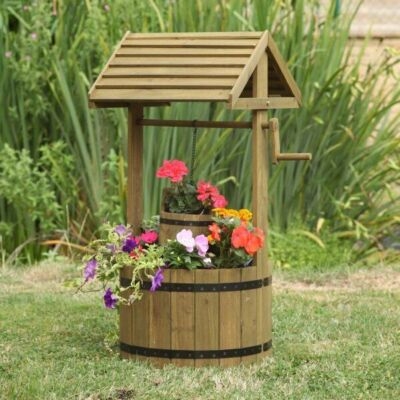 Wishing Well Planter has Barrel Base and Peaked Slatted Roof Design