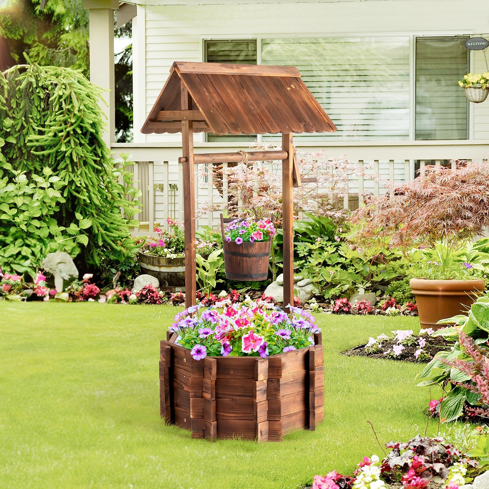 Wishing Well Planter offers Pitched Canopy and Hexagonal Wood Base