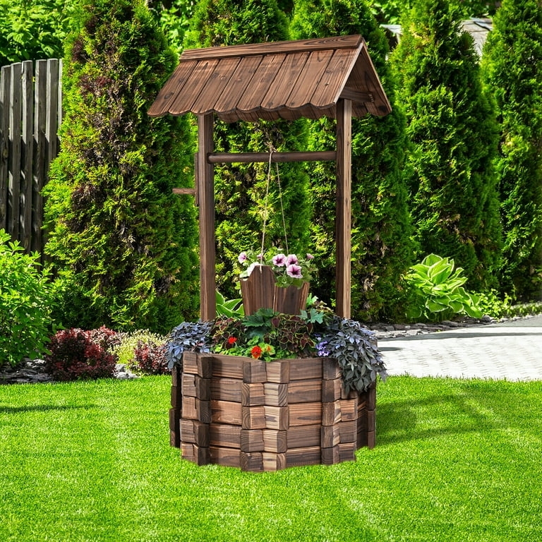 Wishing Well Planter using Hanging Bucket and Octagonal Fir Base