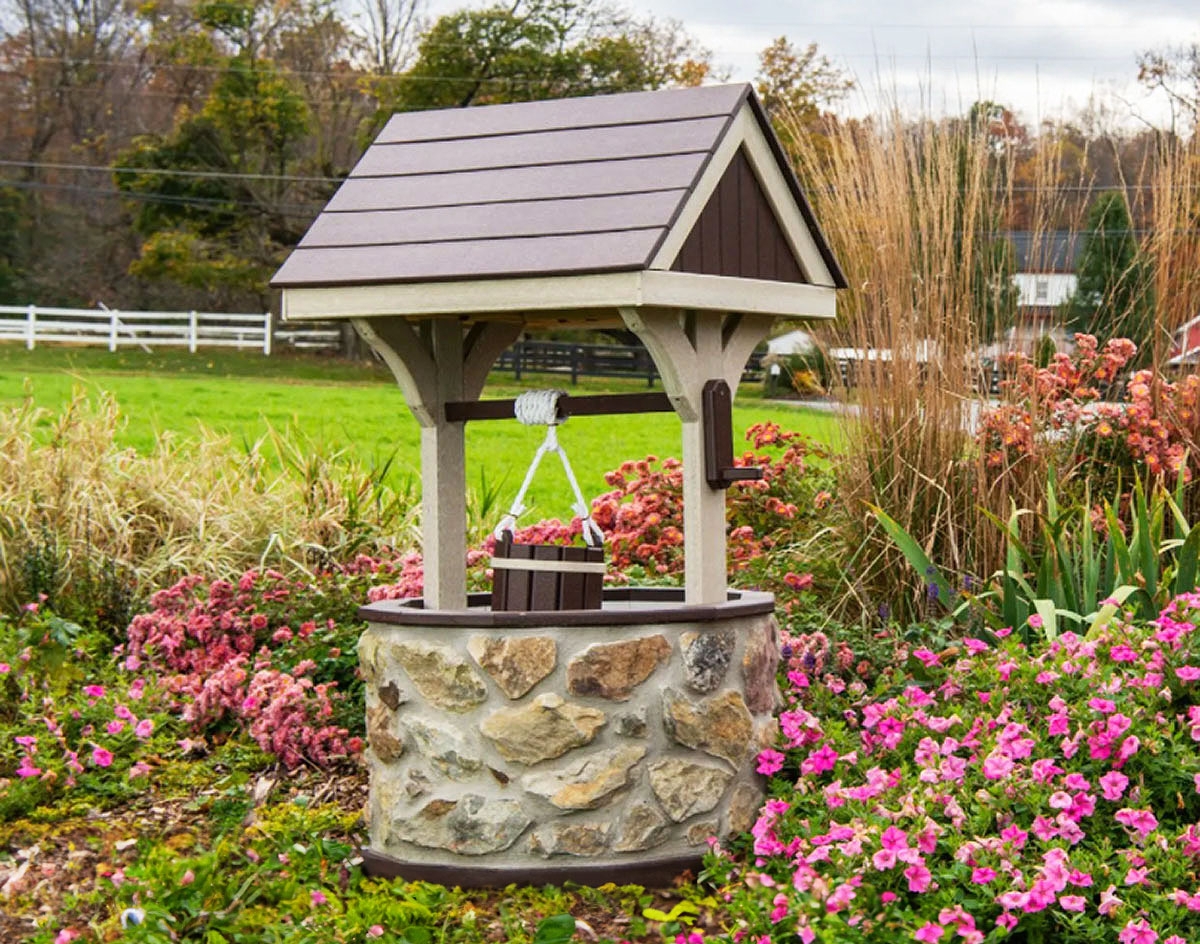 Wishing Well with Fieldstone Base and Decorative Gable Roof Design
