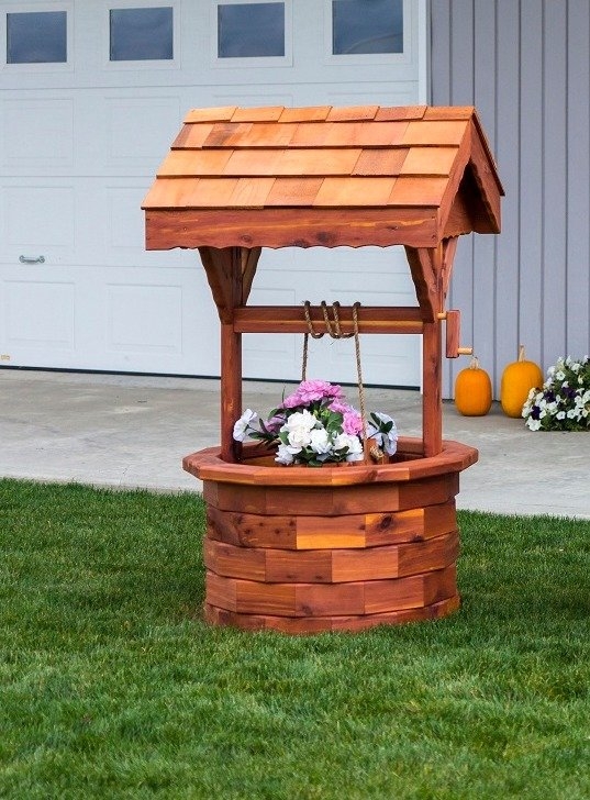Wishing Well with Pitched Shingle Roof and Hexagonal Wood Base