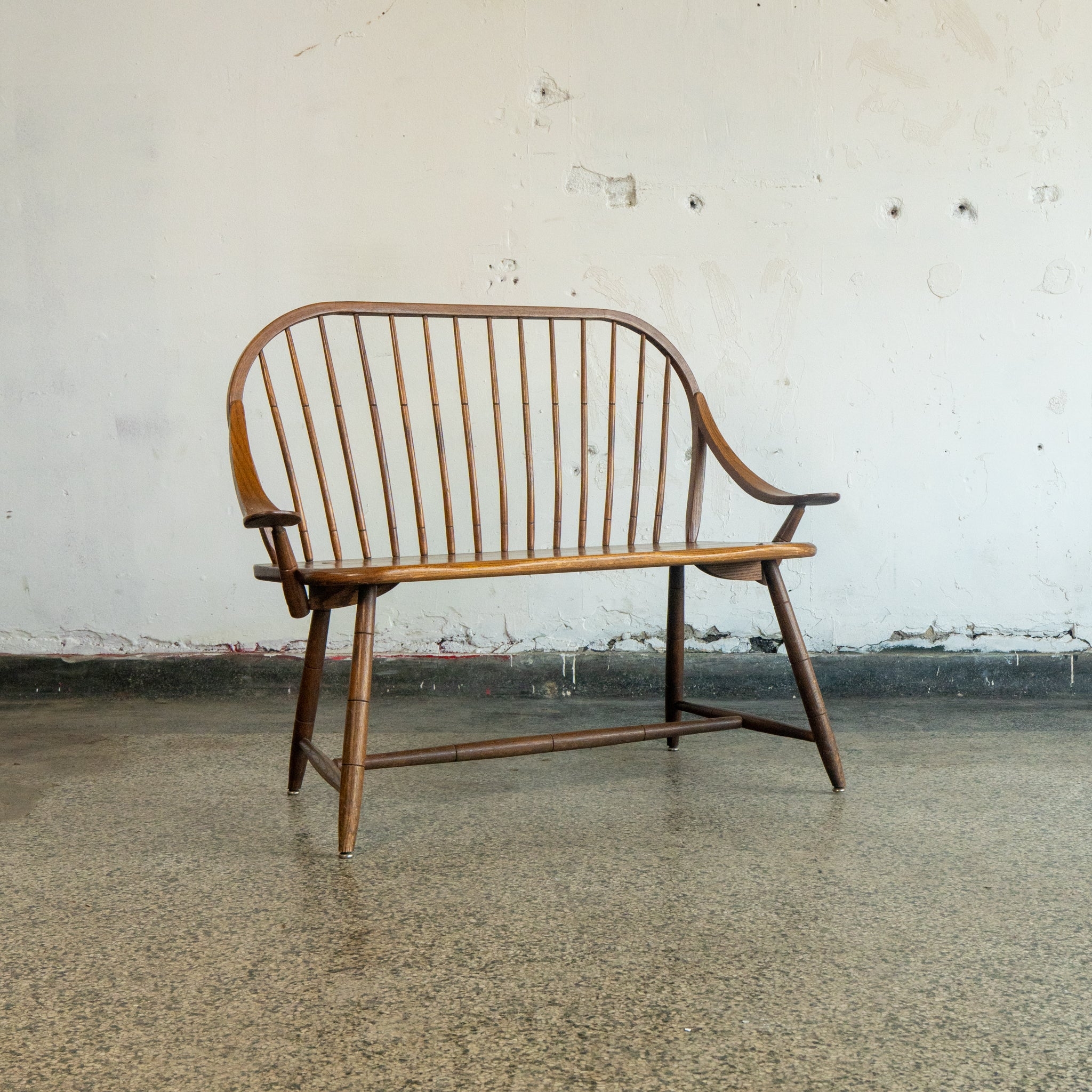 Wood Bench Hoop Back Sculpted Arm Brown Seating Furniture
