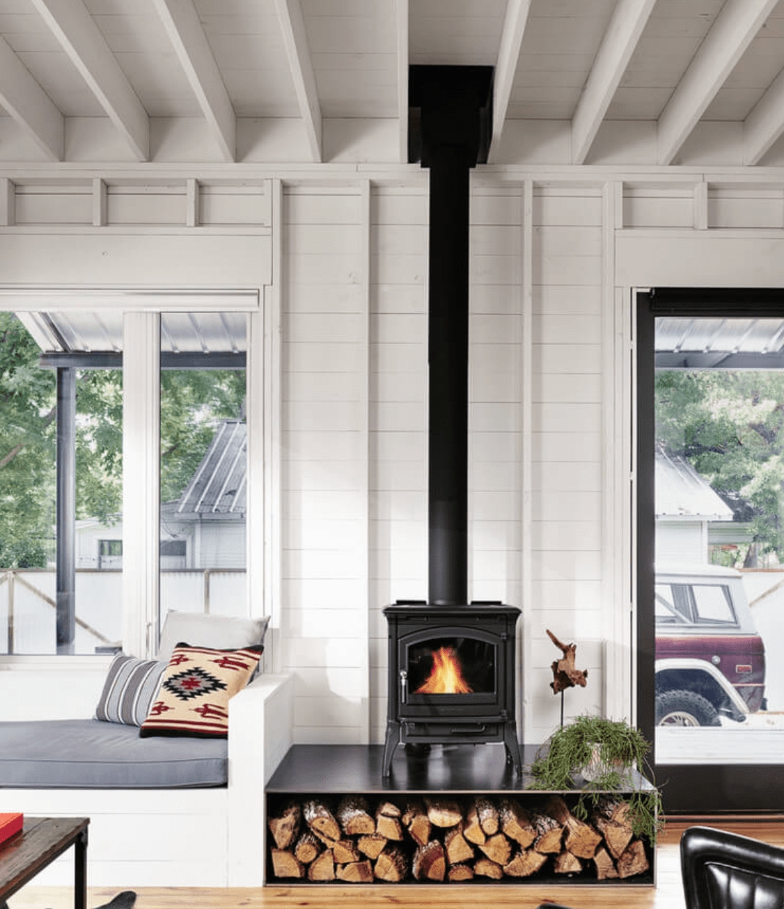 Wood Burning Stove log storage hearth scandinavian farmhouse hearth.