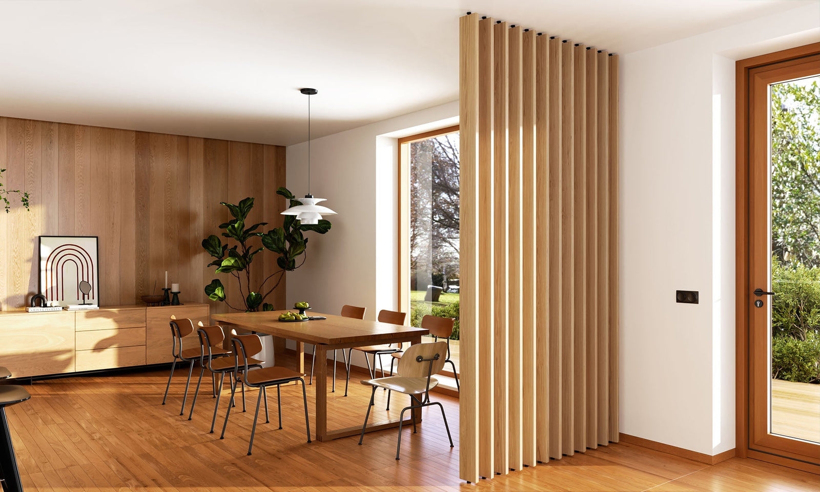 Wood Slat Room Divider: Open Concept Oak Wood Slat Wall Screen