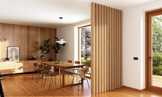 Wood Slat Room Divider: Open Concept Oak Wood Slat Wall Screen