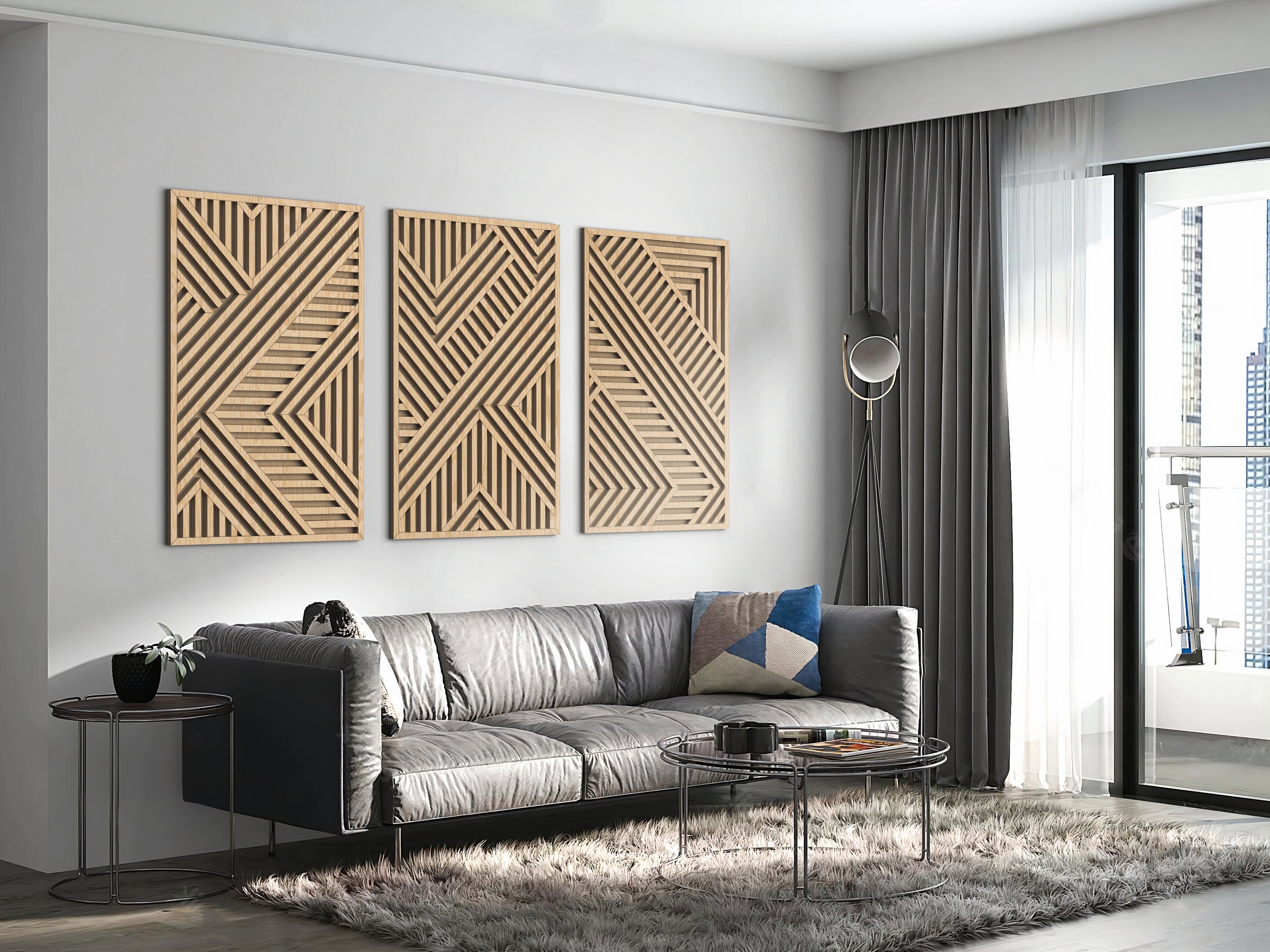 Wood Wall Art Abstract Linear Texture Triptych Decor