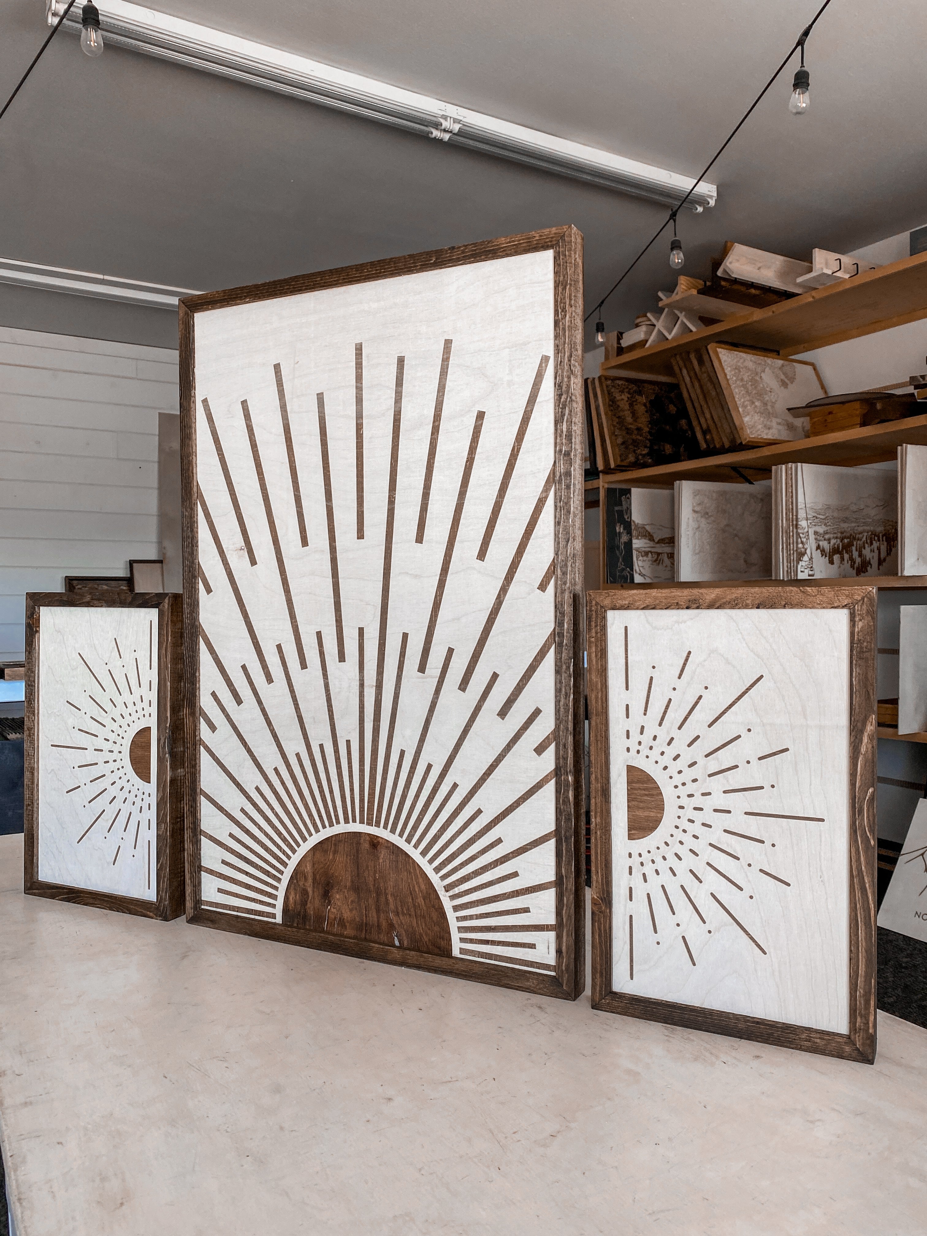 Wood Wall Art Sunburst Motif Tiered Boho 3 Piece Set