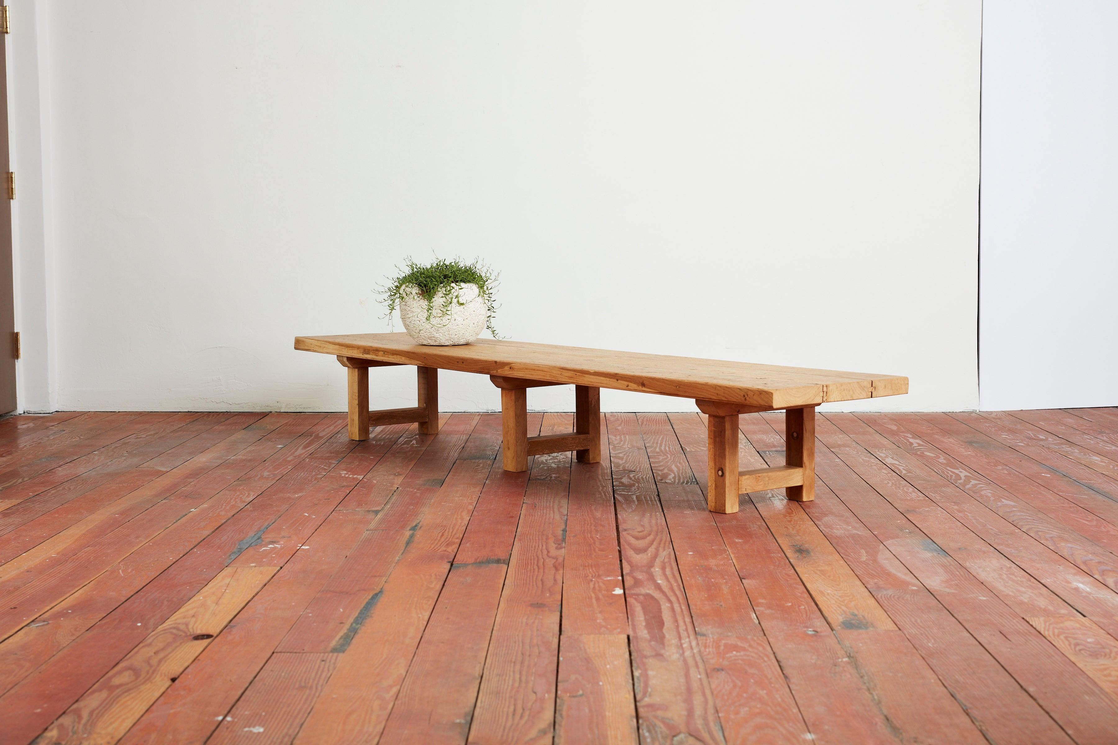 Wooden Bench Triple H-Frame Legs French Modernist Oak