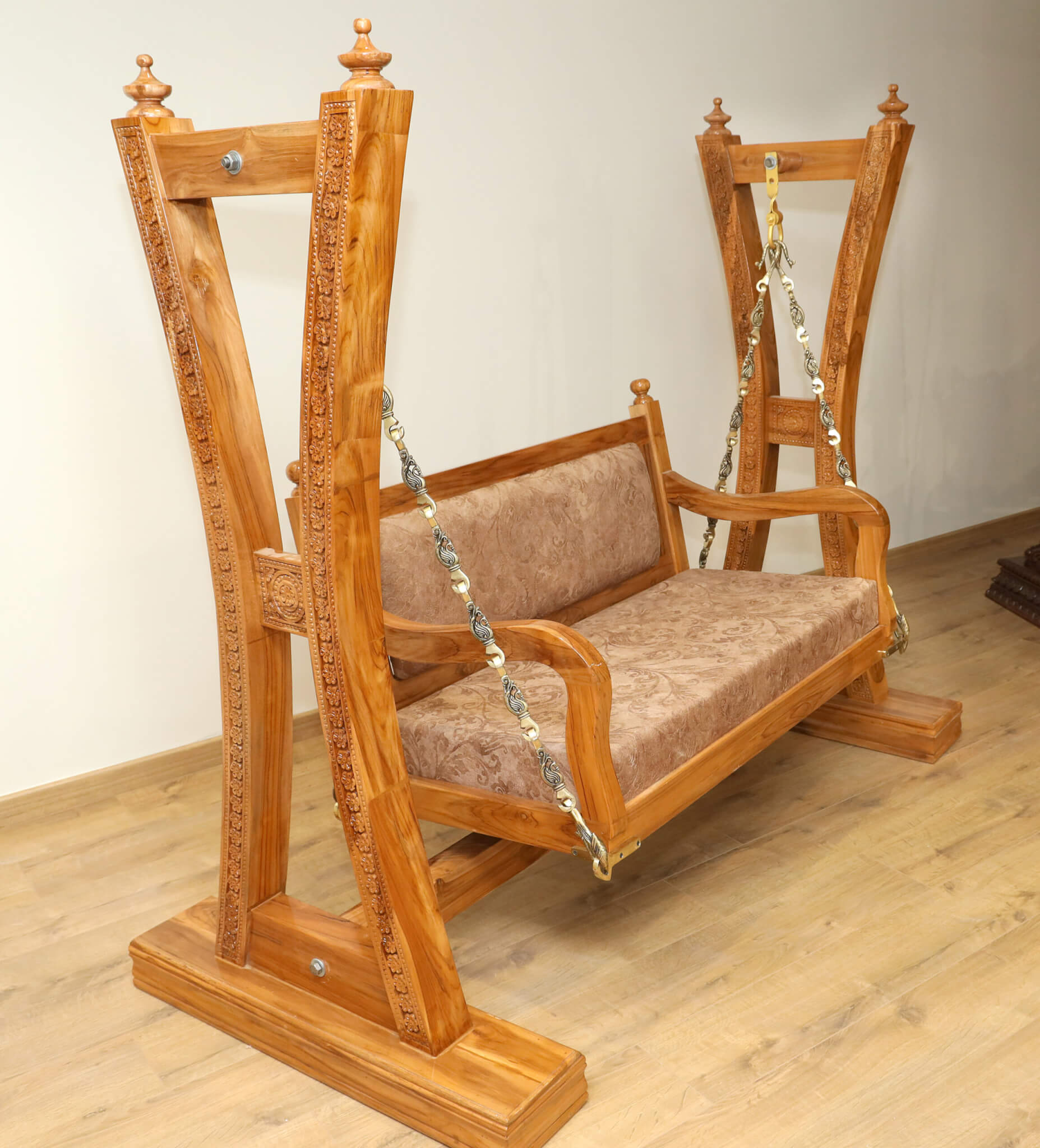 Wooden Jhula With Carved Uprights and Ornate Metal Links