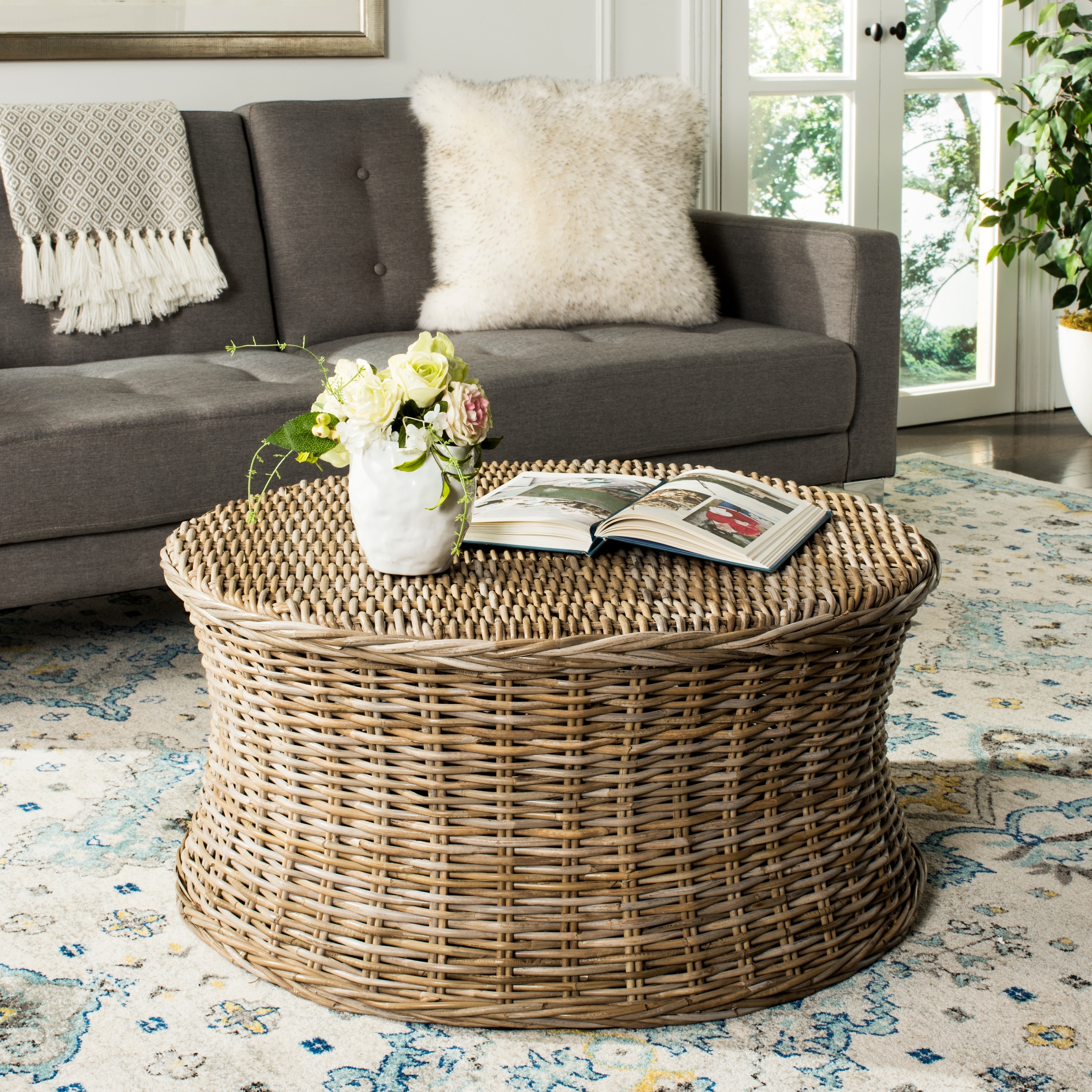 Woven Ottoman Flared Base Natural Brown Rattan Drum
