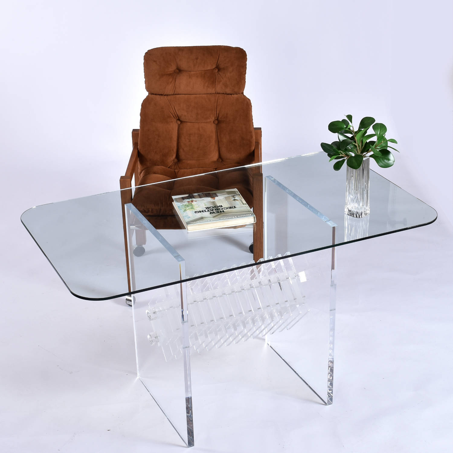 Writing Desk with Slotted Magazine Rack and Glass Top